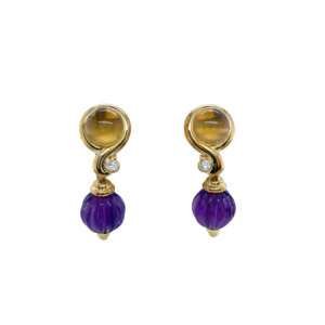 18K Yellow Gold Citrine, Amethyst, and Diamond Earrings