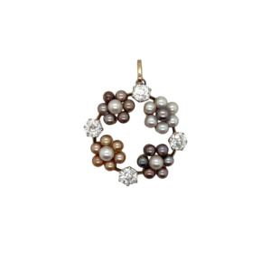 Edwardian 18K Yellow Gold Natural Pearl and Diamond Pendant