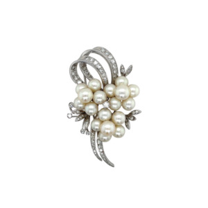 14K White Gold Pearl and Diamond Brooch
