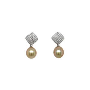14K White Gold Golden South Sea Pearl and Diamond Earrings