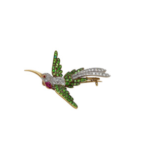 Edwardian 18K Yellow Gold and Platinum Demantoid, Diamond and Ruby Brooch