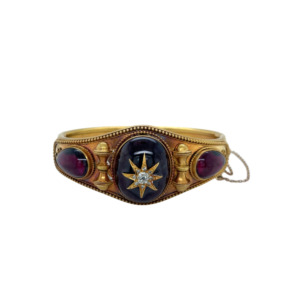 Victorian 14K Yellow Gold Garnet and Diamond Bangle Bracelet