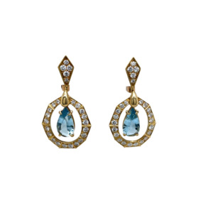 French 18K Yellow Gold Aquamarine and Diamond Earring