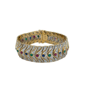 18k Yellow Gold Sapphire, Ruby, Emerald, and Diamond Bracelet