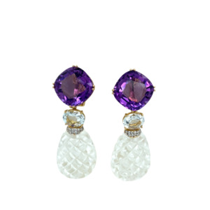18K Yellow Gold Amethyst, Crystal, and Diamond Earrings
