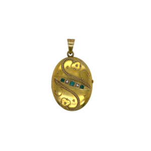 Victorian 18K Yellow Gold Emerald and Diamond Locket