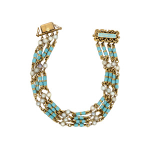 Vintage 18K Yellow Gold Enamel and Pearl Bracelet