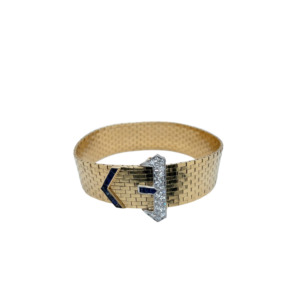 Retro 14K Yellow Gold Diamond and Sapphire Buckle Bracelet