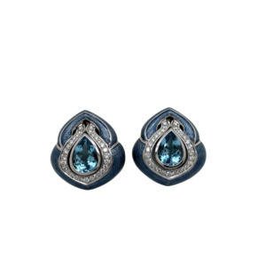De Vroomen 18K White Gold Aquamarine, Diamond and Enamel Earrings