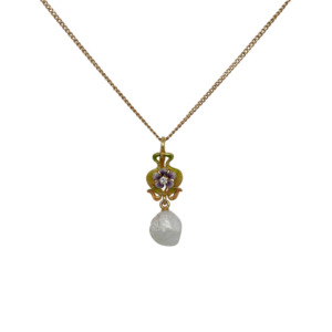Art Nouveau 14k Yellow Gold Pearl, Diamond, and Enamel Pendant