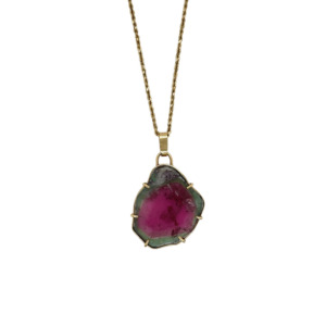 14K Yellow Gold Watermelon Tourmaline Slice Pendant