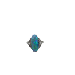 Art Deco 18K White Gold Black Opal and Diamond Ring