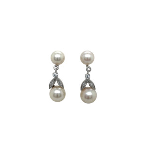 14K White Gold Pearl and Diamond Drop Earrings