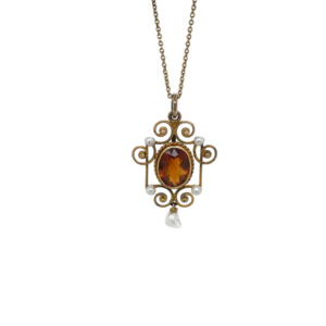 Edwardian 14K Yellow Gold Citrine and Seed Pearl Pendant