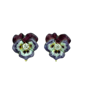 Art Nouveau 14K Yellow Gold Diamond Pansy Earrings