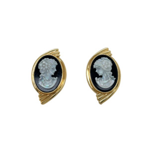 18K Yellow Gold Cameo Onyx- Opal Earrings