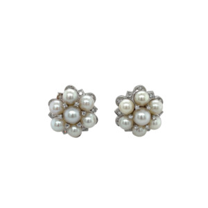 14K White Gold Pearl and Diamond Earrings