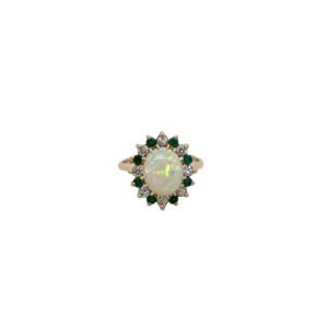 14K Yellow Gold Opal Diamond and Emerald Ring