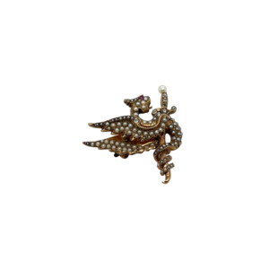 Riker Art Nouveau Griffin Seed Pearl and Diamond Brooch