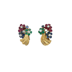 18K Yellow Gold Ruby, Sapphire, Emerald, and Diamond Earrings