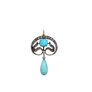 Georgian Silver over Gold Diamond and Turquoise Pendant