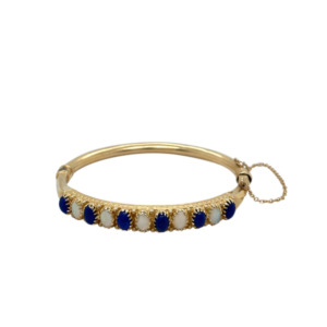 14K Yellow Gold Opal and Lapis Bangle Bracelet