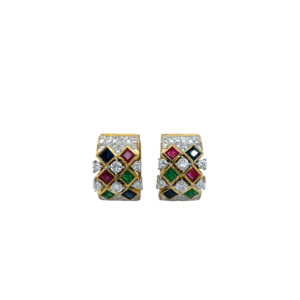 18K Yellow Gold Diamond, Emerald, Sapphire, Ruby Earrings