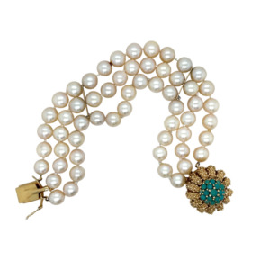 14K Yellow Gold Pearl and Turquoise Bracelet