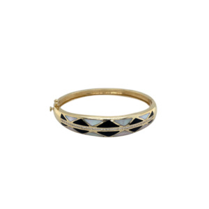 14K Yellow Gold Onyx, Mobe Pearl, and Diamond Bangle Bracelet