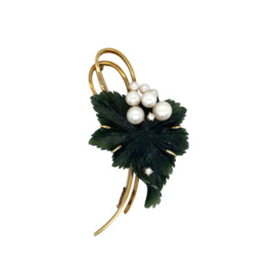 18K Yellow Gold Nephrite, Pearl, and Diamond Brooch