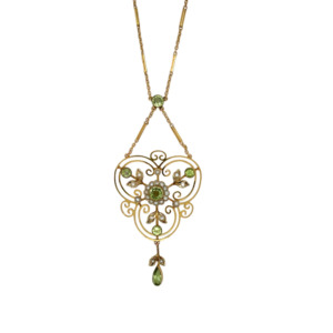 Edwardian 9K Yellow Gold Peridot and Seed Pearl Lavaliere
