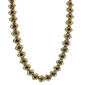 French 18K Yellow Gold Lapis and Nephrite Knot Necklace