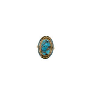 Antique 14K Yellow Gold Turquoise, Seed Pearl, and Enamel Ring