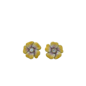 14K Yellow Gold Enamel and Diamond Pansy Earrings