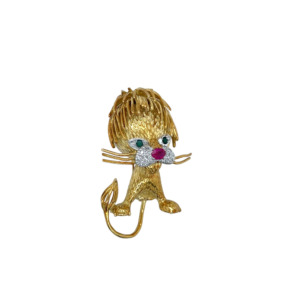 18K Yellow Gold Ruby, Emerald, and Diamond Lion Brooch