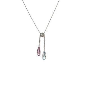 Edwardian Platinum Aquamarine, Topaz, and Diamond Lavaliere