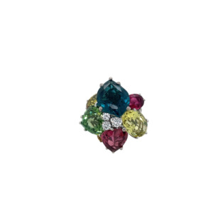 18K White Gold Multi-Color Stone and Diamond Ring