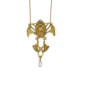14K Yellow Gold Art Nouveau Opal, Diamond, and Pearl Necklace