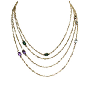 Antique 14K Yellow Gold Multi-Color Stone Long Watch Chain