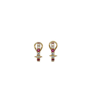 18K Yellow Gold Diamond and Ruby Hoop Earrings