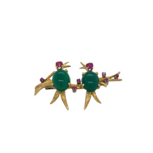 18K Yellow Gold Ruby and Jade Brooch