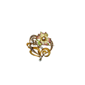 Art Nouveau 14K Yellow Gold Enamel Seed Pearl and Diamond Brooch