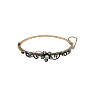 Antique 14K Yellow Gold Pearl and Diamond Bangle Bracelet