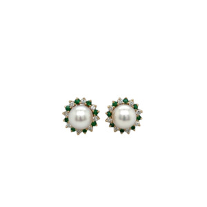14K Yellow Gold Pearl, Emerald, and Diamond Earrings