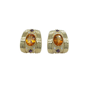 18K Yellow Gold Citrine, Amethyst, and Diamond Earrings