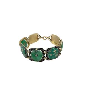 Art Deco 14K Yellow Gold Jade, Enamel, and Diamond Bracelet