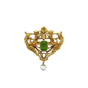 Art Nouveau 18K Yellow Gold Peridot and Pearl Brooch
