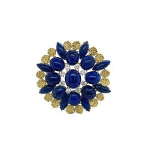 18K Yellow Gold Lapis and Diamond Brooch