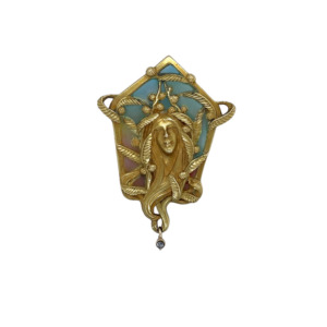 Art Nouveau 18K Yellow Gold Enamel and Diamond Brooch