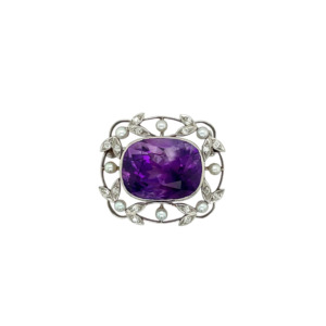 Edwardian Platinum Amethyst and Diamond Brooch